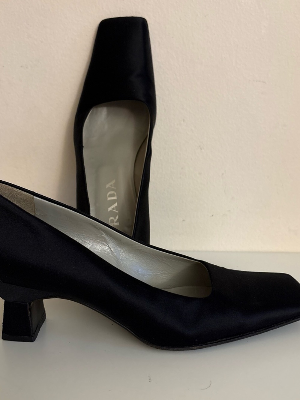 Prada Black Satin Square-Toe Low Block Heel Pumps